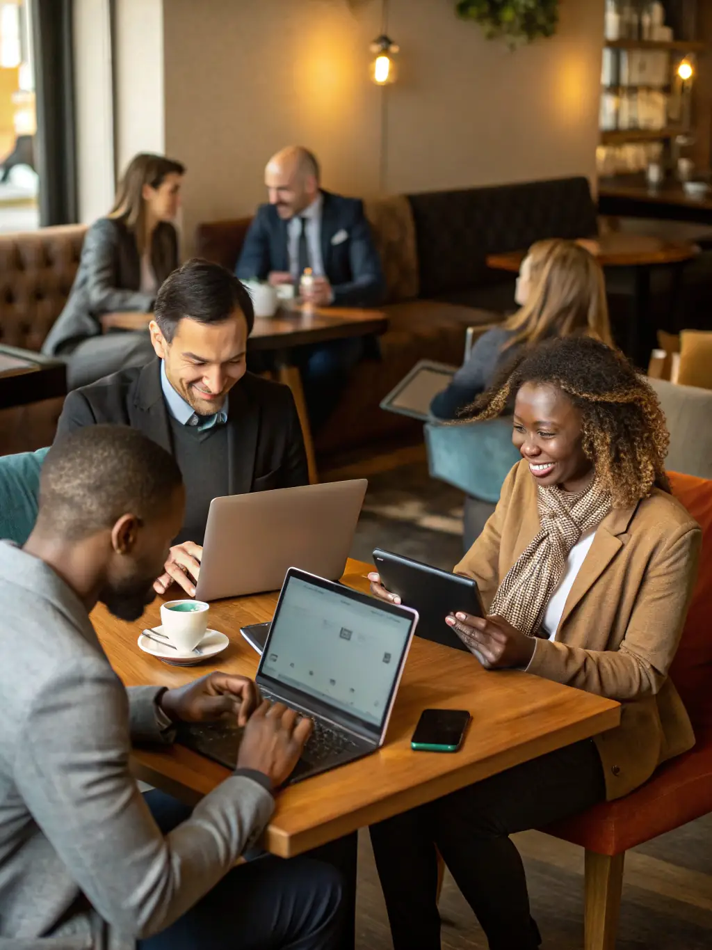 A diverse group of people interacting with Hivebox Ai on various devices, showcasing its accessibility and ease of use for users with different levels of technical expertise.